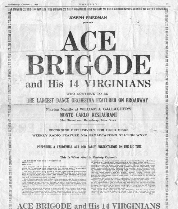Ace Brigode advertisement in Variety, October 1, 1924